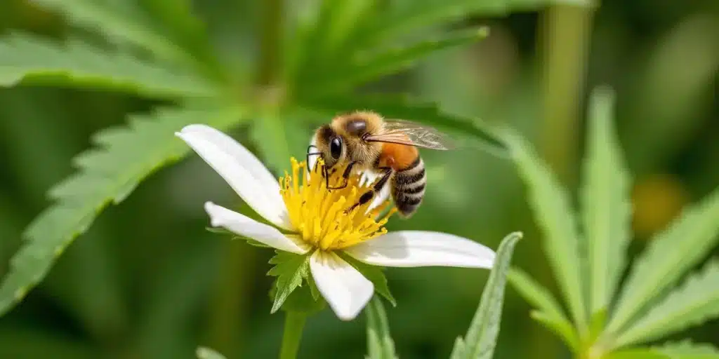 Honeybee on a white daisy with cannabis leaves in the background in a natural setting.