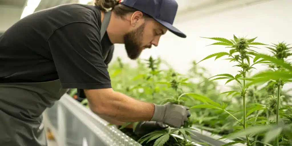 Realistic image of a grower bending weed plants using training techniques, emphasizing healthy, pliable cannabis stems.