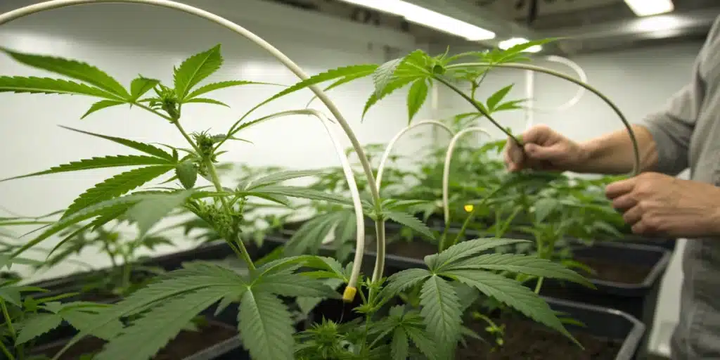 Realistic close-up of bending weed plants in an indoor setup, demonstrating low-stress training techniques.