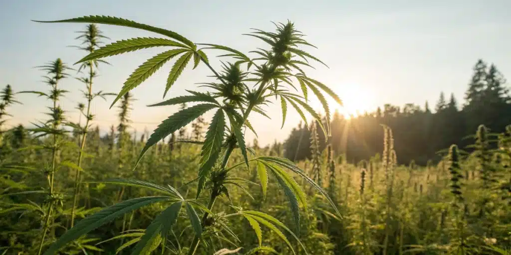 Realistic outdoor view of bending weed plants swaying in the breeze under natural sunlight.