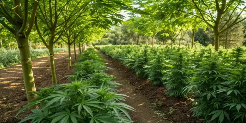 Realistic view of weed plants flourishing with the best feed for weed plants, showing vibrant green leaves and robust growth.