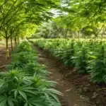 Realistic view of weed plants flourishing with the best feed for weed plants, showing vibrant green leaves and robust growth.