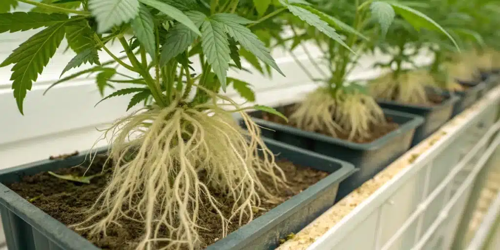 Realistic close-up of thriving cannabis roots in a hydroponic setup, demonstrating the effectiveness of the best feed for weed plants.