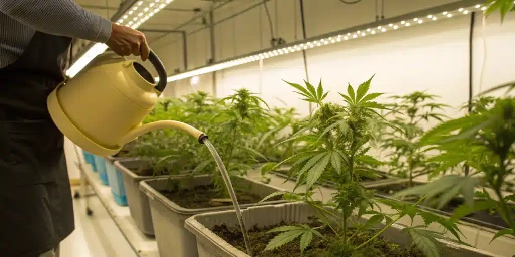 Realistic image of a grower applying nutrient solution, highlighting the best feed for weed plants in an organized indoor setup.