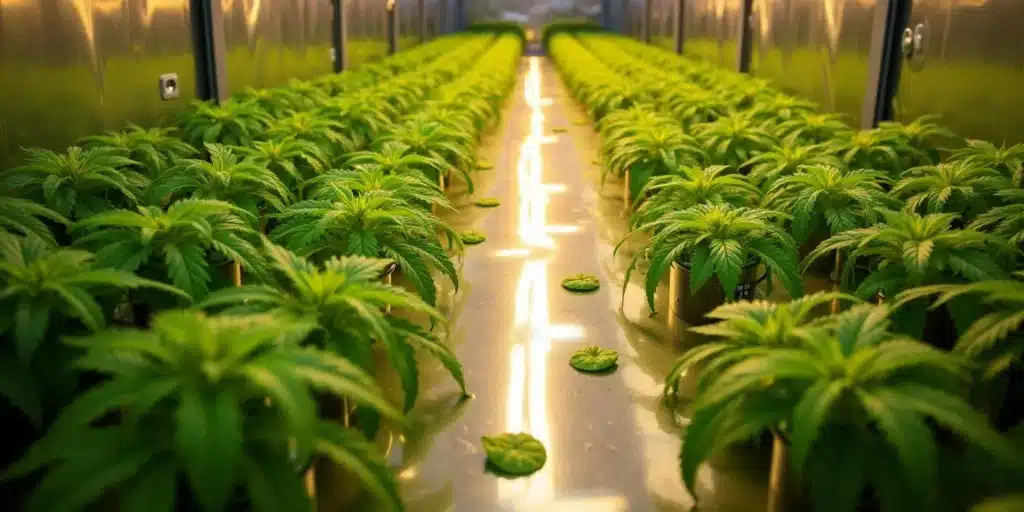 Reflective grow room with early-stage cannabis plants in containers and bright lighting.