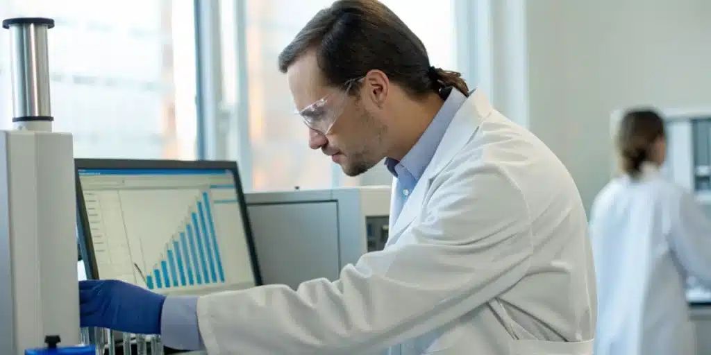 Realistic lab scene depicting a scientist using chromatography to assess the purity and composition of terpene beta caryophyllene.