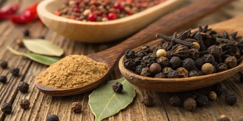 Realistic close-up of spices rich in terpene beta caryophyllene, illustrating the natural sources of this aromatic compound.