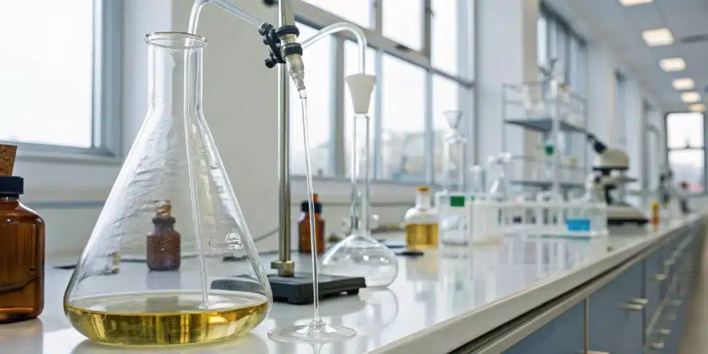 Realistic laboratory scene showing the extraction of terpene beta caryophyllene from plant material using advanced glass equipment.