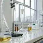 Realistic laboratory scene showing the extraction of terpene beta caryophyllene from plant material using advanced glass equipment.