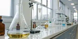 Realistic laboratory scene showing the extraction of terpene beta caryophyllene from plant material using advanced glass equipment.