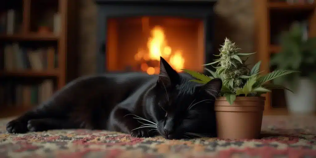 Black cat sleeping next to a potted cannabis plant in front of a fireplace.