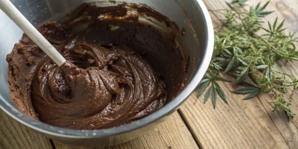 Realistic close-up of weed brownie batter in a bowl, highlighting the cannabis infusion process and creamy texture.