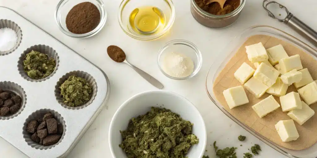Realistic kitchen scene displaying ingredients for making weed brownies, including decarboxylated cannabis and cannabis butter.