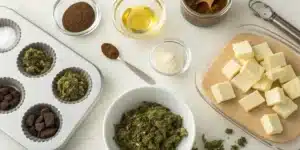 Realistic kitchen scene displaying ingredients for making weed brownies, including decarboxylated cannabis and cannabis butter.