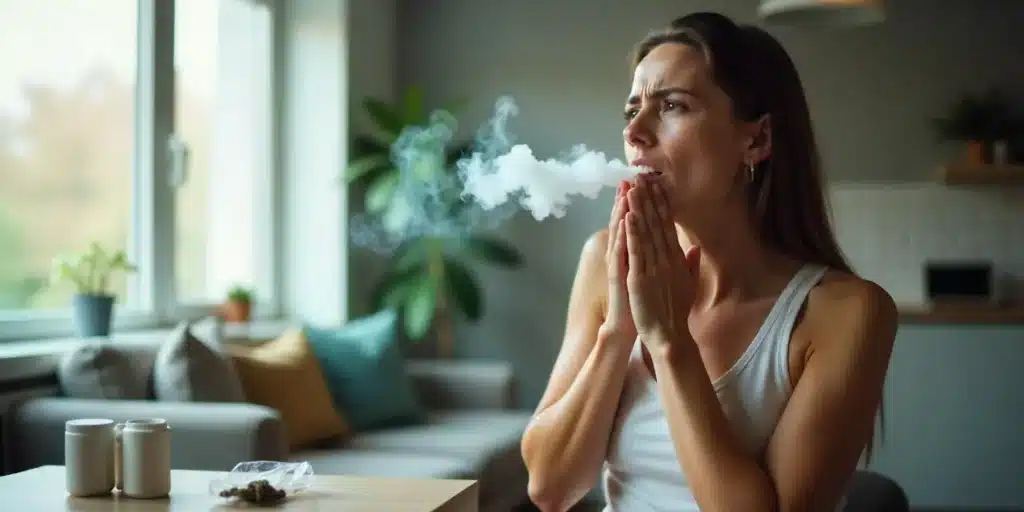 Young woman exhaling cannabis smoke while showing signs of a burnt throat and irritation.