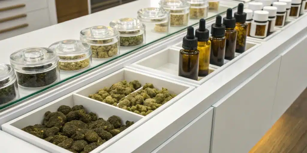 Realistic view of cannabis products labeled with CBC Cannabinoid, highlighting packaging quality in a modern dispensary.