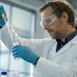 Realistic lab scene showing a scientist examining a CBC Cannabinoid vial with advanced analytical instruments.