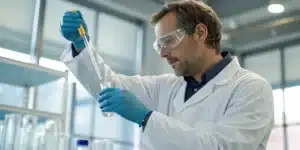 Realistic lab scene showing a scientist examining a CBC Cannabinoid vial with advanced analytical instruments.