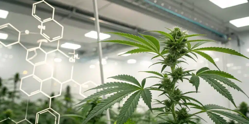Realistic image of a cannabis plant with a digital molecular overlay, illustrating the scientific research behind CBC Cannabinoid.