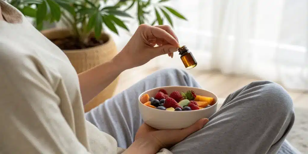 Person holding CBD capsule and bowl of fruit representing does cbd suppress appetite