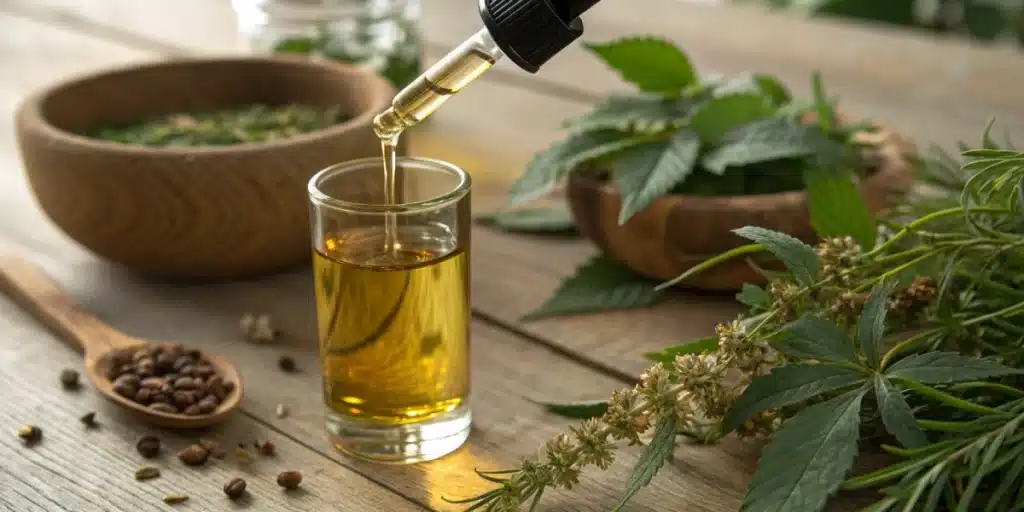 Close‑up of CBD oil dropper and herbs representing does cbd suppress appetite
