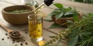 Close‑up of CBD oil dropper and herbs representing does cbd suppress appetite