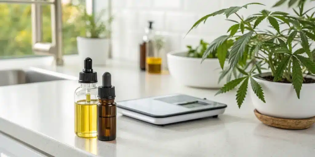 Realistic image illustrating the optimal CBD THC ratio for relaxation, with clear product labels and a serene setting.