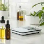 Realistic image illustrating the optimal CBD THC ratio for relaxation, with clear product labels and a serene setting.