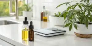 Realistic image illustrating the optimal CBD THC ratio for relaxation, with clear product labels and a serene setting.