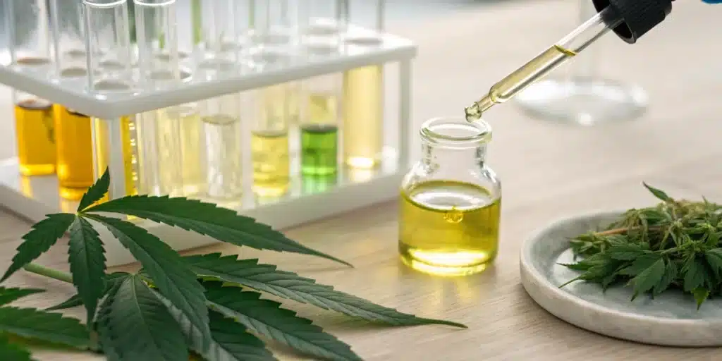 Realistic lab scene depicting the precise measurement of CBD and THC ratios to create a balanced blend for relaxation.