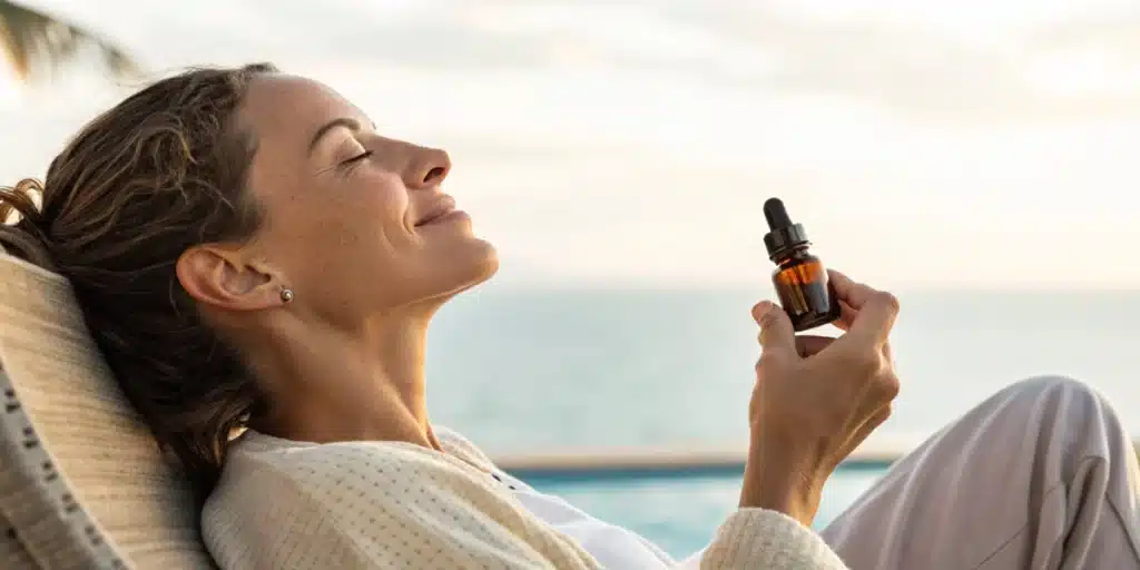 Realistic image of a person using a CBD THC product, representing optimal ratio use for relaxation and stress relief.