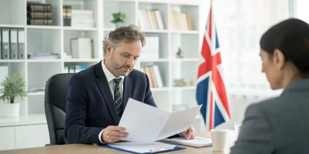 Realistic office setup showing a consultant discussing CBD UK law, permitted THC limits, and compliance guidelines.