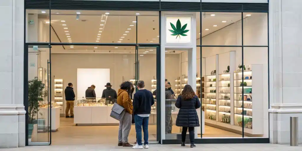 Realistic image of a licensed CBD store in the UK, reflecting compliance with CBD UK law and product standards.