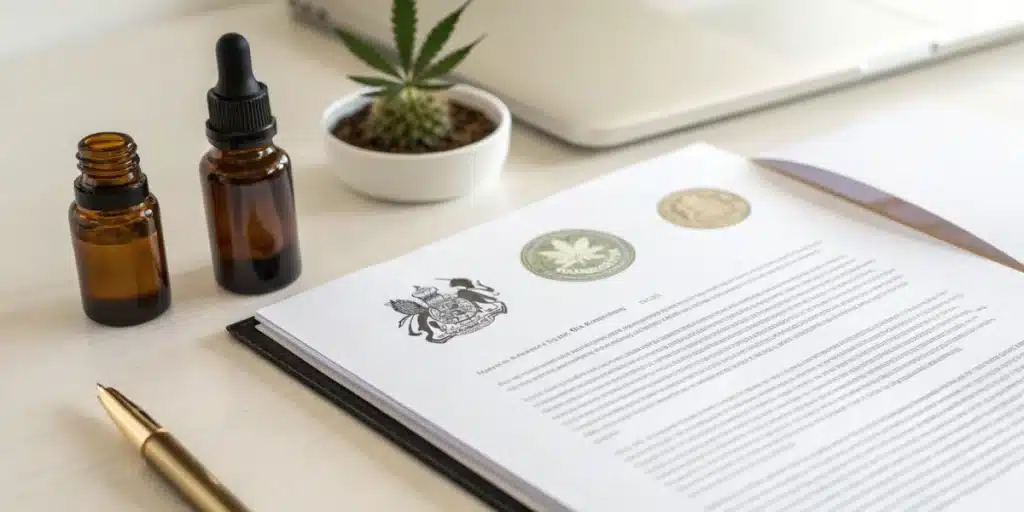 Realistic view of a British legal certificate detailing CBD UK law regulations and permitted THC levels.