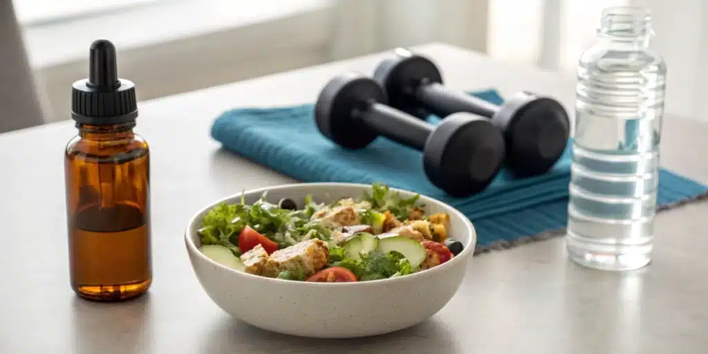 A bowl of fresh salad, a CBD oil bottle, dumbbells, and a water bottle on a table.