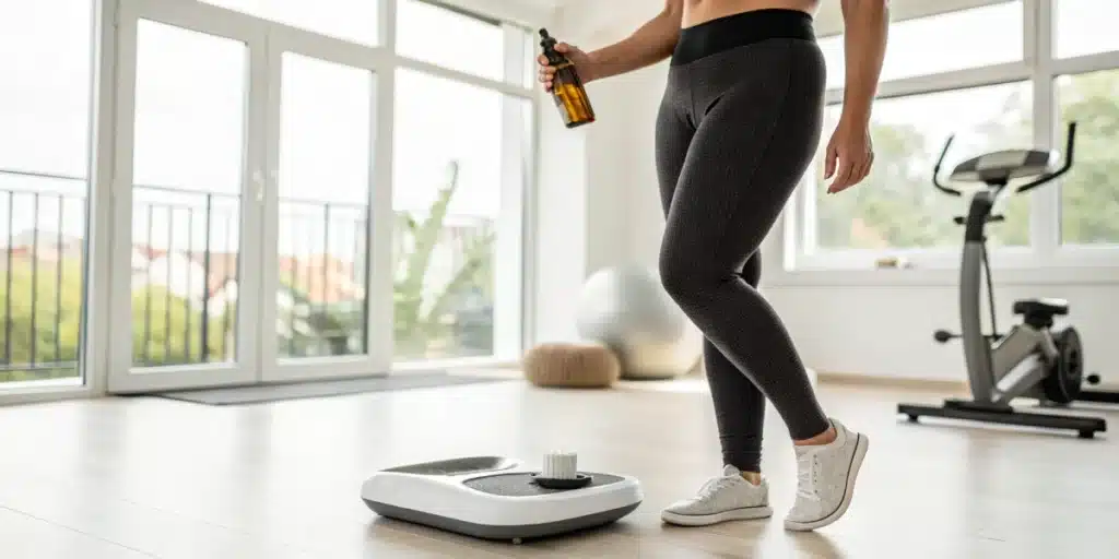 Person in athletic wear holding a bottle, standing near a smart scale and exercise bike indoors.