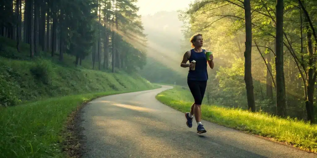 Woman running on a winding paved path through a sunlit forest, holding a bottle.