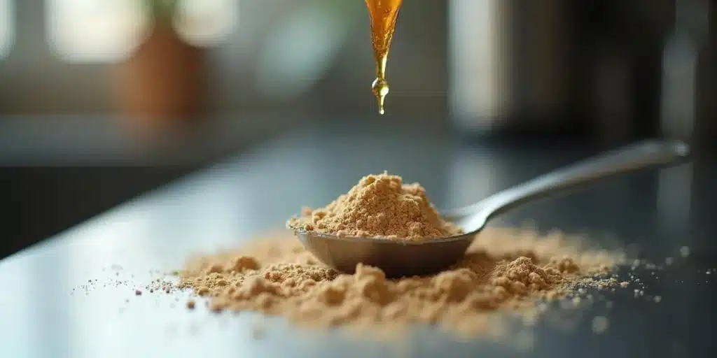 CBD oil dropper over a spoonful of protein powder on a kitchen counter.