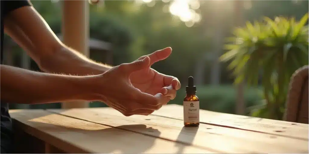 Hands applying CBD oil near a bottle on a wooden table outdoors.