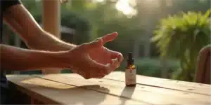 Hands applying CBD oil near a bottle on a wooden table outdoors.