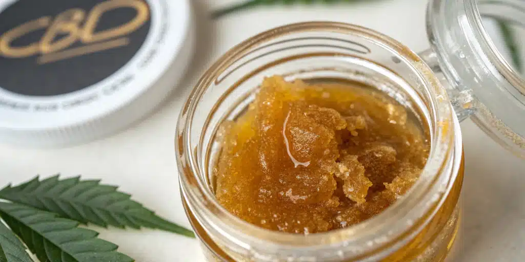 Crystallized golden CBD concentrate in a jar with a CBD-branded lid nearby and cannabis leaves.