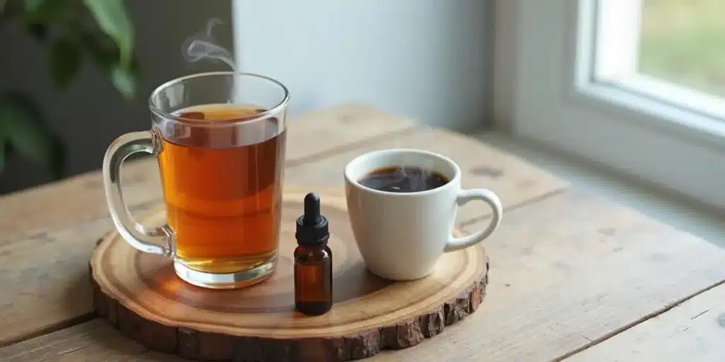 Hot tea and coffee with CBD oil dropper on a wooden coaster by a bright window.