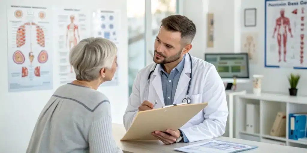 Realistic clinical consultation where CBG Inflammation benefits are explained using medical charts that showcase improved health through natural anti-inflammatory effects.