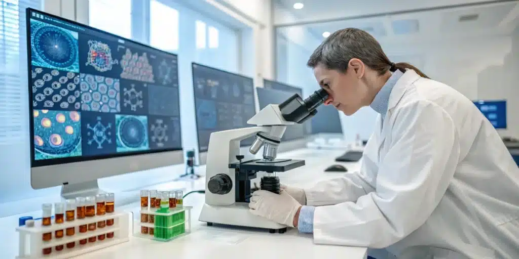 Realistic lab scene demonstrating CBG Inflammation effects on cell cultures, emphasizing its potential to reduce chronic inflammation naturally.