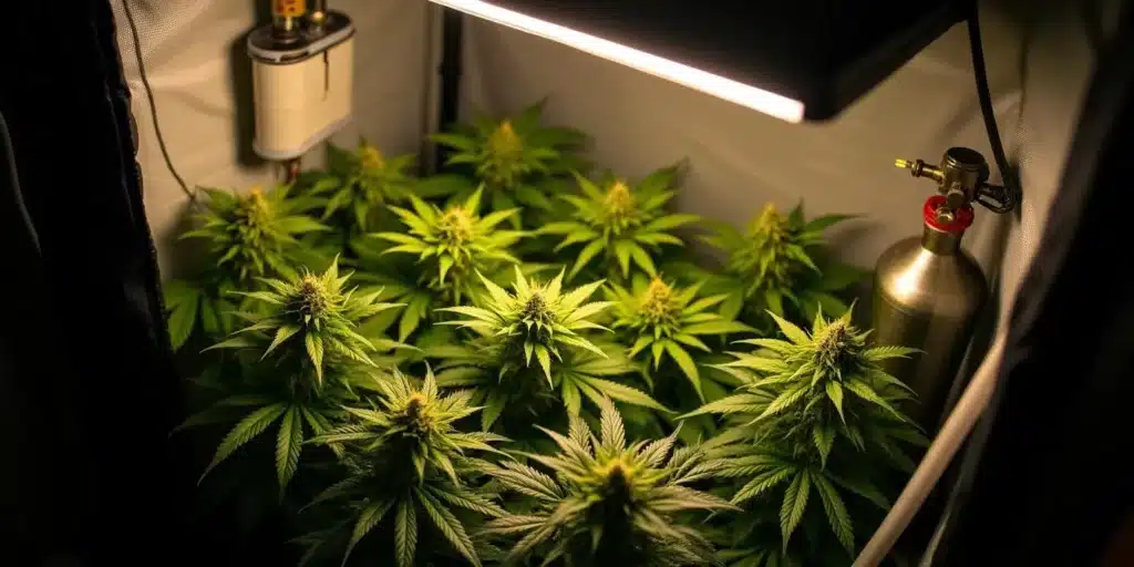 CO2 tank and emitter inside grow tent with mature cannabis plants.