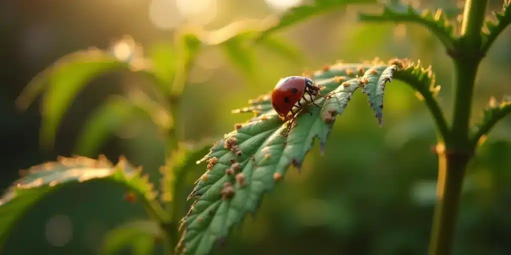 Ladybird feeding on spider mites on a plant leaf.