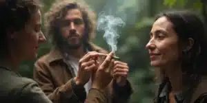 Group sharing a cannabis joint outdoors.