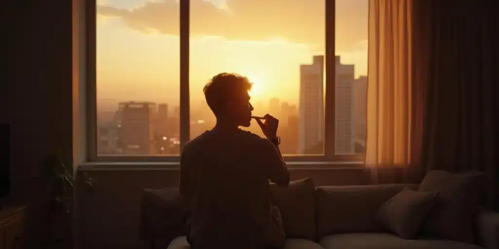 Man smoking cannabis by a window at sunset.