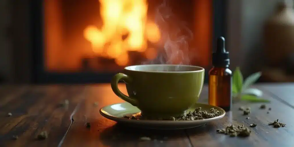 Steaming coffee cup with CBD dropper on a wooden table in front of a fireplace.