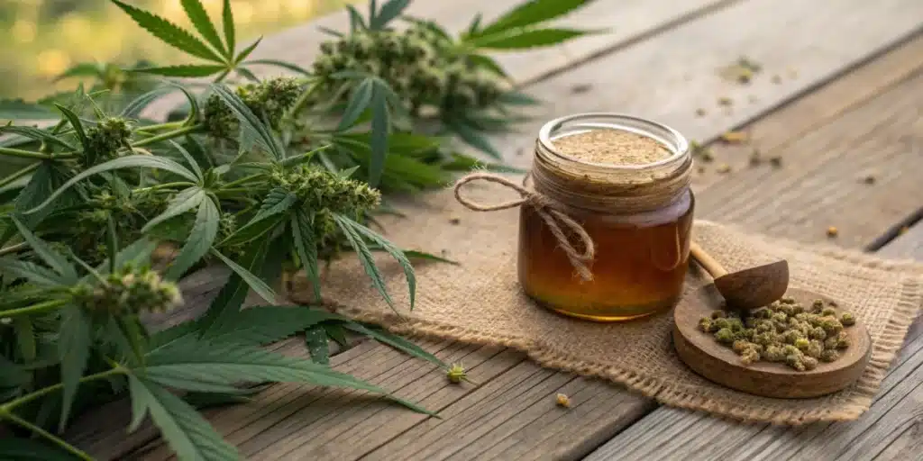 Jar of canna bees honey with hemp flowers